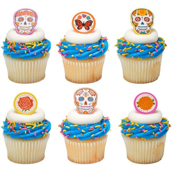 12 Day of the Dead Cupcake Rings - Día de Los Muertos Assortment Skull Cupcake Decorations Cake Toppers for Birthday Party Decoration Craft