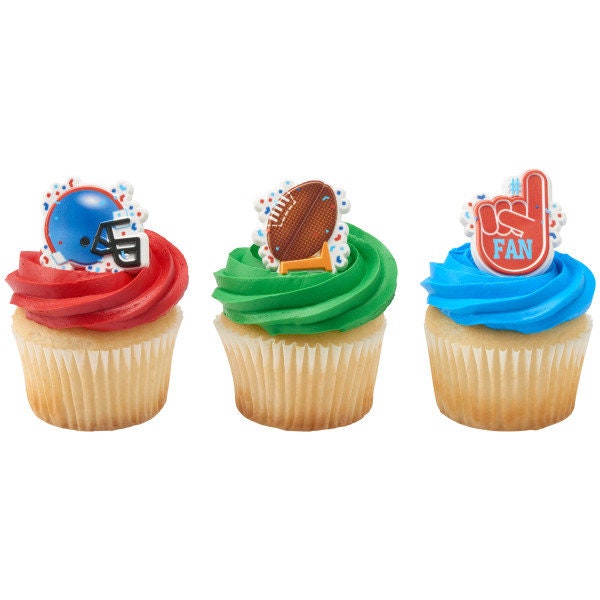 12 Football Assortment Cupcake Rings - Football Player Fan Helmet Team Sports Party Cake Toppers for Birthday Party Decoration Craft Supply