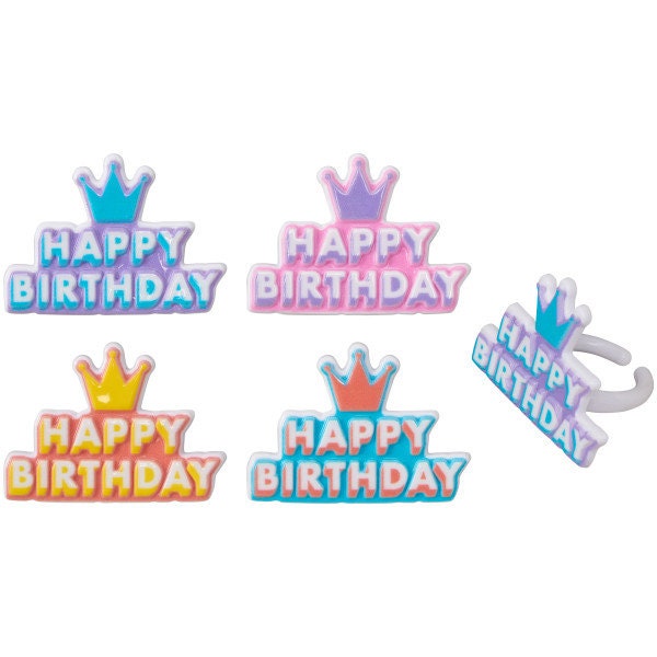 12 Crown Happy Birthday Cupcake Rings - Fantasy Kids Party Queen King Gems Girls Cake Toppers for Birthday Party Decoration Craft Supply