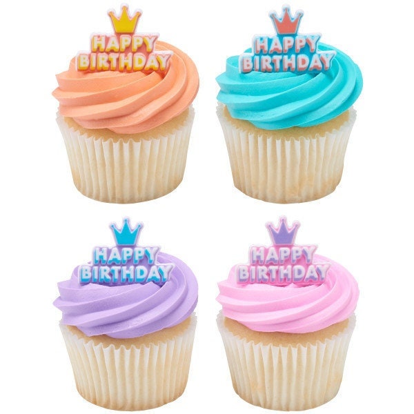 12 Crown Happy Birthday Cupcake Rings - Fantasy Kids Party Queen King Gems Girls Cake Toppers for Birthday Party Decoration Craft Supply