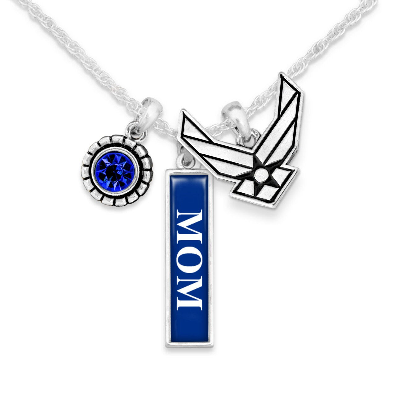 Officially Licensed U.S. AIR FORCE Mom Necklace - Triple Charm Vertical USAF Mom Necklace with Crystal and Pewter Charms Sterling Plated