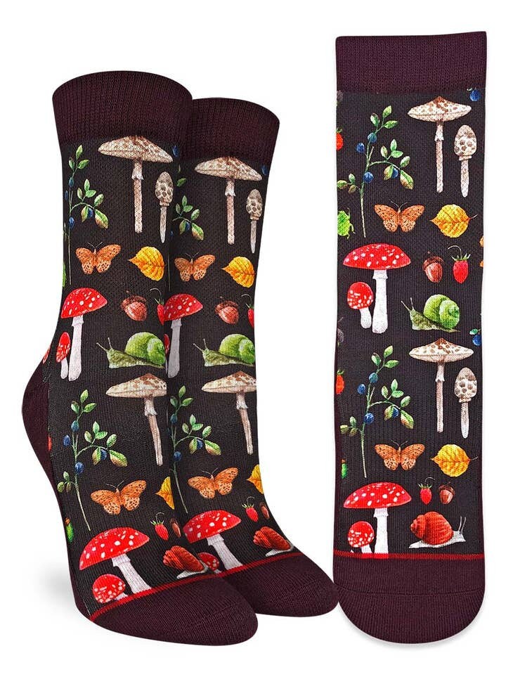 Mushrooms, Snails and Bugs Crew Socks - Novelty Active Fit Socks - Women's Adult 5-9 Unisex - Butterfly Acorn - For Craft Costume Supply