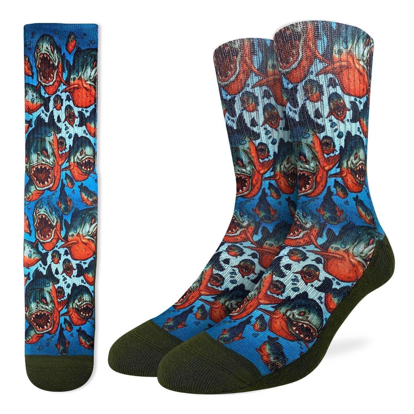 PIRANHAS Crew Socks - Novelty Active Fit Socks - Men's Adult 8-12 Unisex - Freshwater Attack Fish - For Craft Costume Supply