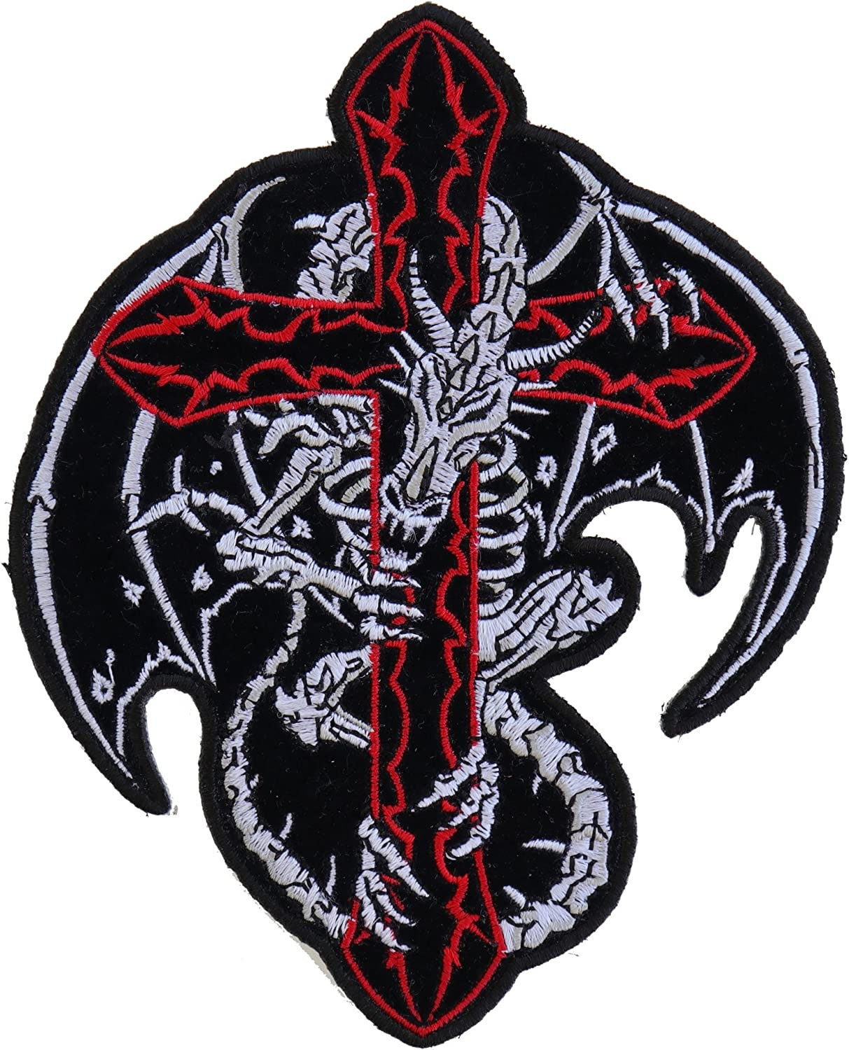 Dragon Skeleton Cross Patch Medium - 4.5x5.5 inch -  Biker Embroidered Patch Appliqué Craft Supply
