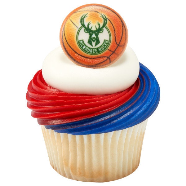 12 MILWAUKEE BUCKS Cupcake Rings - NBA Milwaukee Bucks Cake Toppers for Birthday Party Decoration Craft Supply