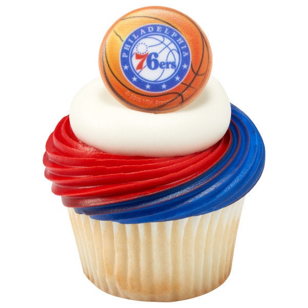 12 PHILADELPHIA 76ERS Cupcake Rings - NBA Philadelphia 76ers Cake Toppers for Birthday Party Decoration Craft Supply