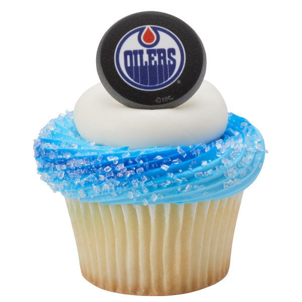12 EDMONTON OILERS Cupcake Rings - NHL Edmonton Oilers Cake Toppers for Birthday Party Decoration Craft Supply