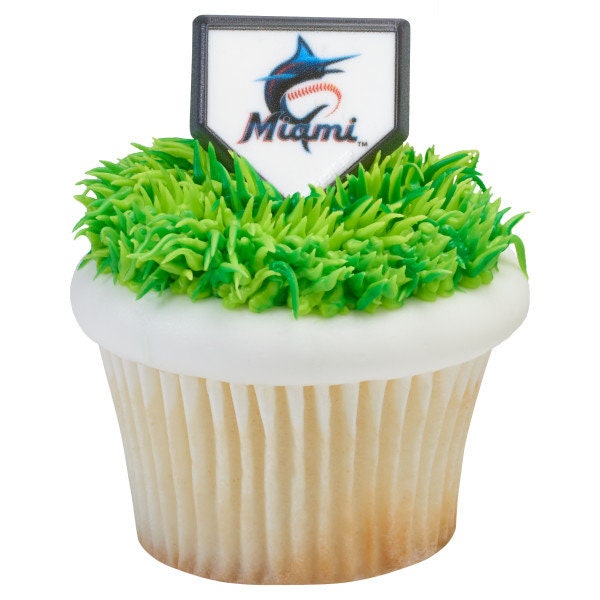 12 MIAMI MARLINS Cupcake Rings - MLB Miami Marlins Home Plate Cake Toppers for Birthday Party Decoration Craft Supply