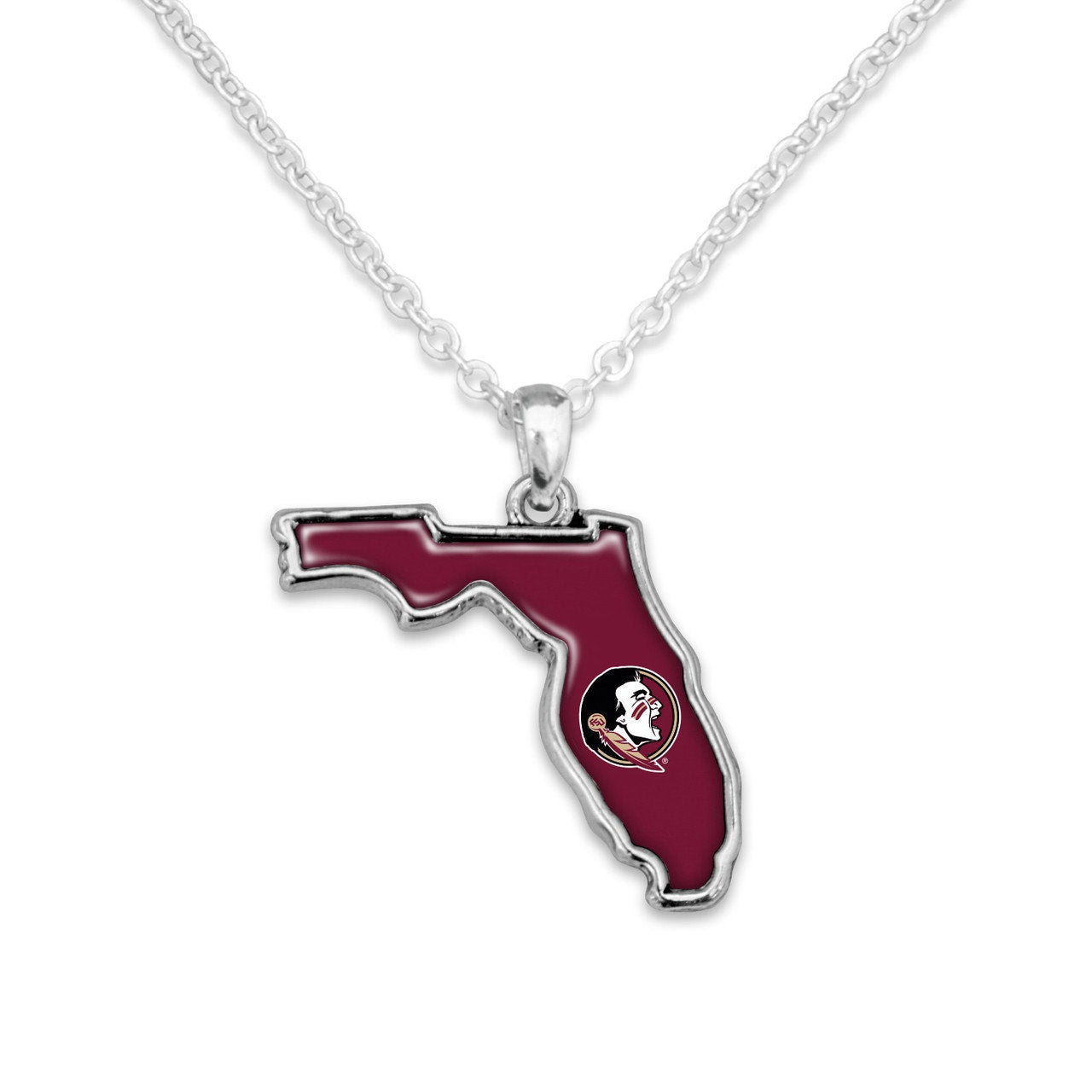 Officially Licensed FLORIDA STATE Seminoles Necklace - State of Mine Logo Pewter Charm Sterling Plated - Florida State University