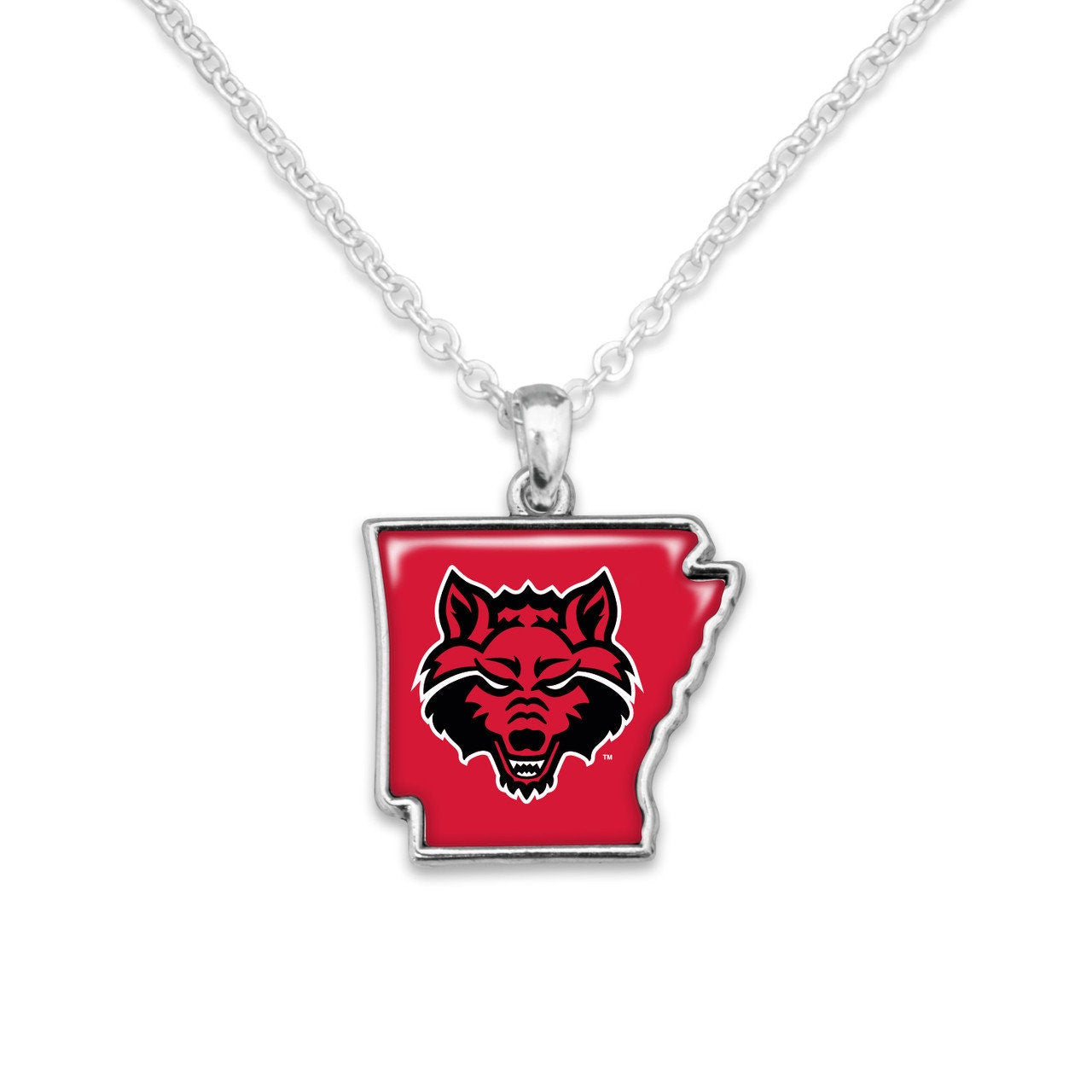 Officially Licensed ARKANSAS STATE Red Wolves Necklace - State of Mine Logo Pewter Charm Sterling Plated - Arkansas State University