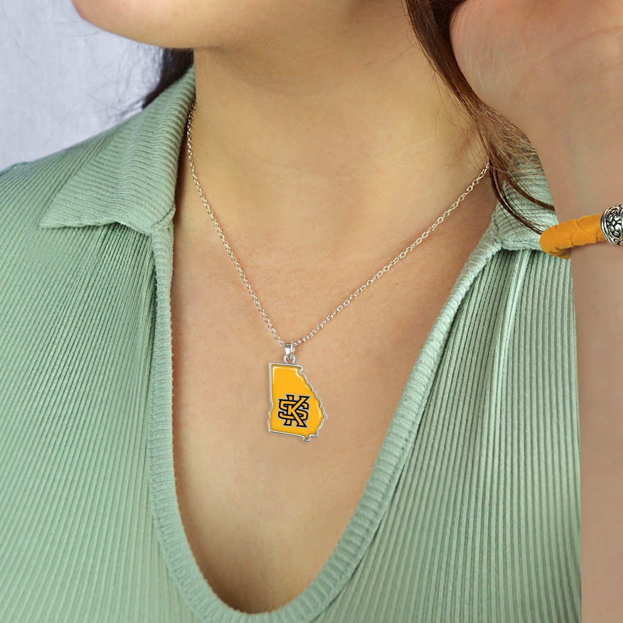 Officially Licensed KENNESAW STATE Owls Necklace - State of Mine Logo Pewter Charm Sterling Plated - Kennesaw State University