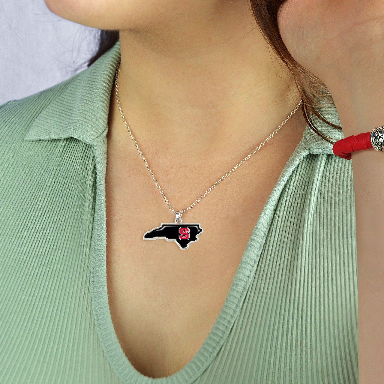 Officially Licensed NORTH CAROLINA State Wolfpack Necklace - State of Mine Logo Pewter Charm Sterling Plated - NC State University
