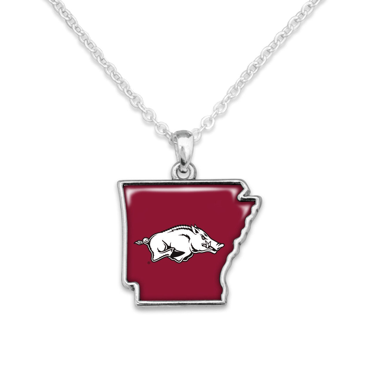Officially Licensed ARKANSAS Razorbacks Necklace - State of Mine Logo Pewter Charm Sterling Plated - University of Arkansas