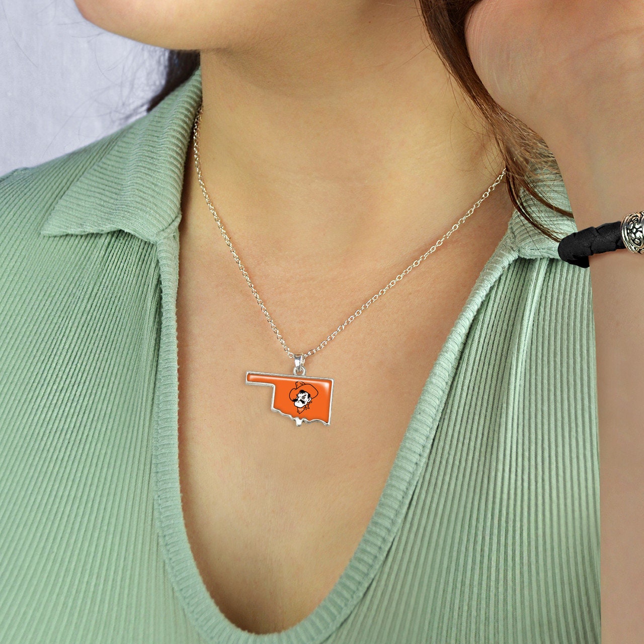 Officially Licensed OKLAHOMA STATE Owls Necklace - State of Mine Logo Pewter Charm Sterling Plated - Oklahoma State University