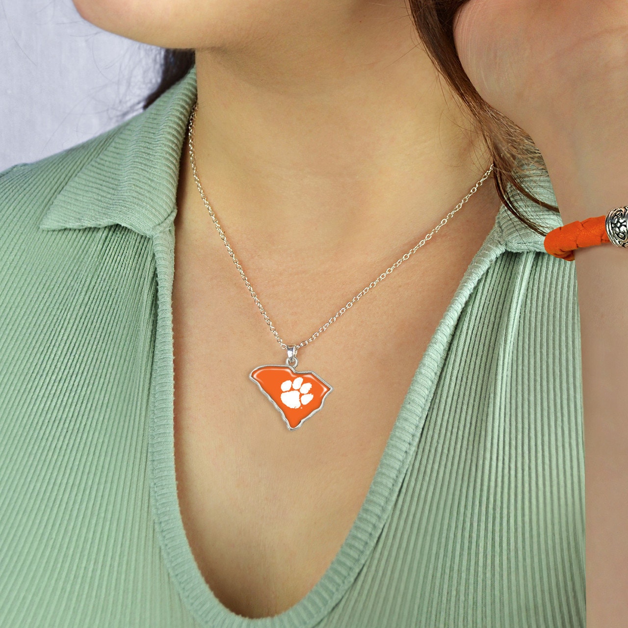 Officially Licensed CLEMSON Tigers Necklace - State of Mine Logo Pewter Charm Sterling Plated - Clemson University