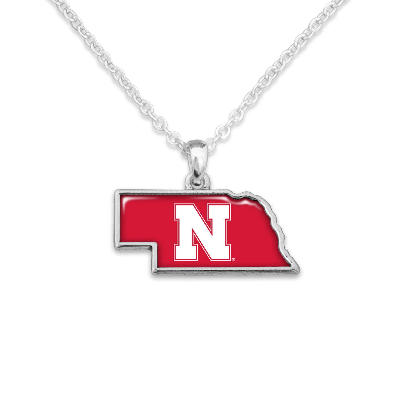 Officially Licensed NEBRASKA Cornhuskers Necklace - State of Mine Logo Pewter Charm Sterling Plated - University of Nebraska
