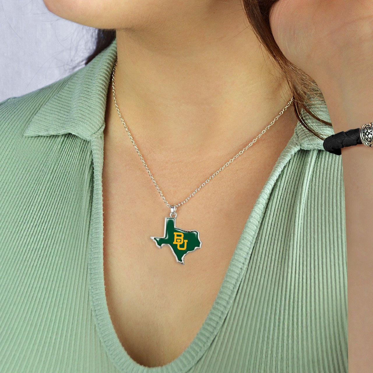 Officially Licensed BAYLOR Bears Necklace - State of Mine Logo Pewter Charm Sterling Plated - Baylor University