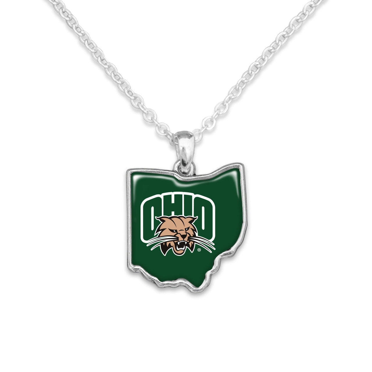 Officially Licensed OHIO BOBCATS Necklace - State of Mine Logo Pewter Charm Sterling Plated - Ohio University
