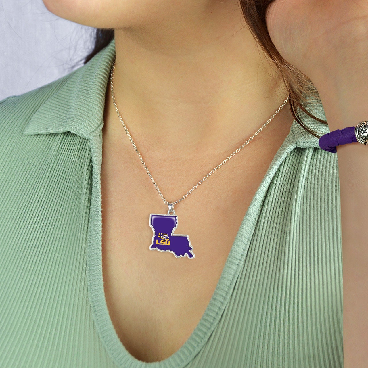 Officially Licensed LSU TIGERS Necklace - State of Mine Logo Pewter Charm Sterling Plated - Louisiana State University