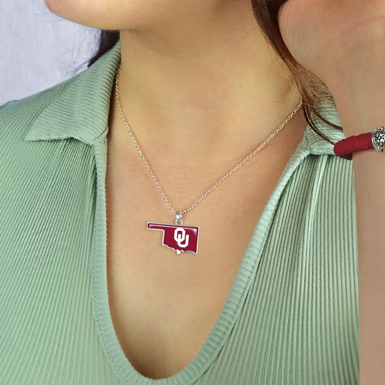 Officially Licensed OKLAHOMA SOONERS Necklace - State of Mine Logo Pewter Charm Sterling Plated - University of Oklahoma