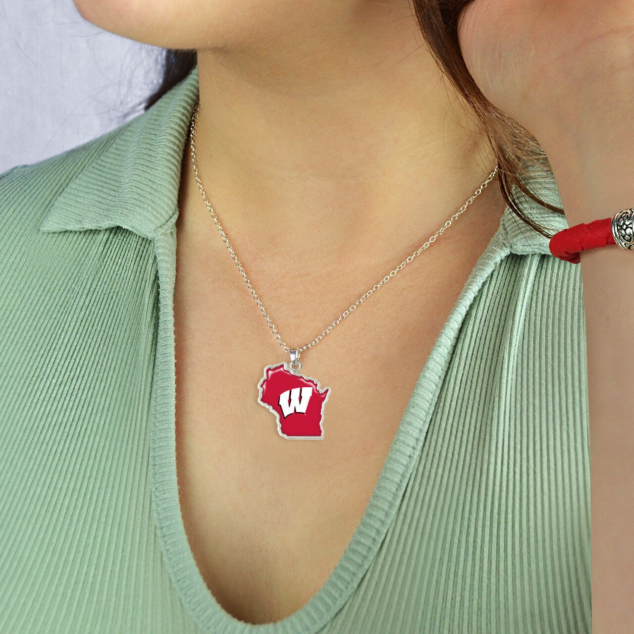 Officially Licensed WISCONSIN BADGERS Necklace - State of Mine Logo Pewter Charm Sterling Plated - University of Wisconsin