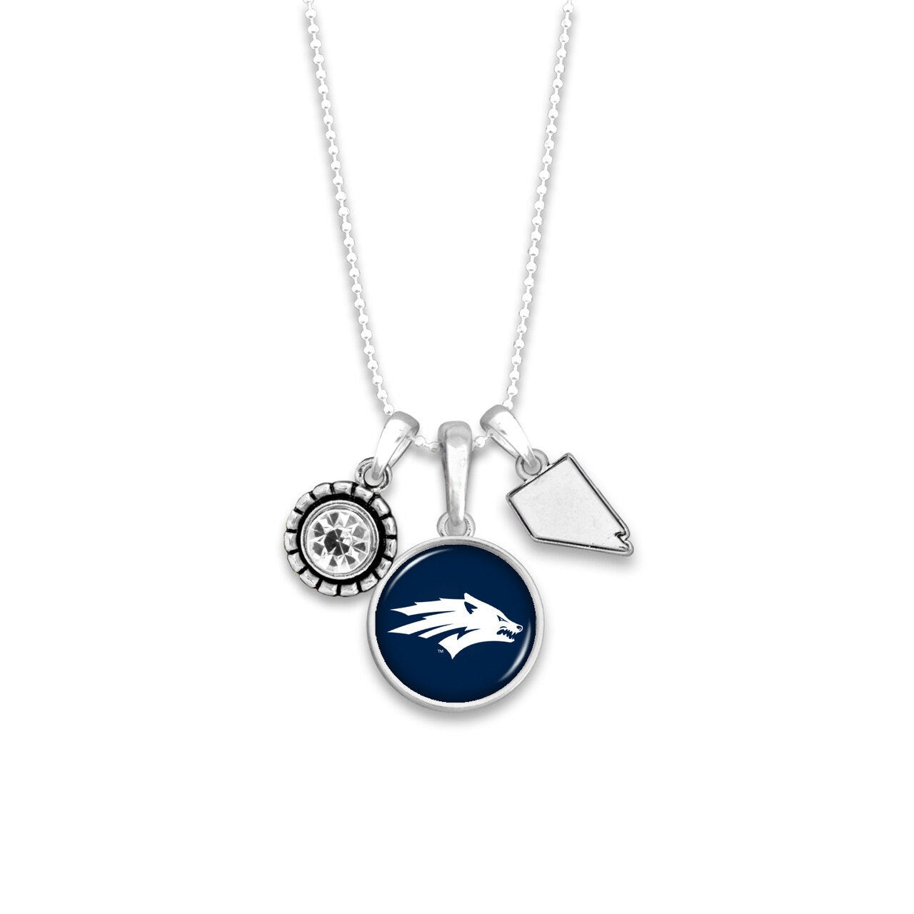 Officially Licensed NEVADA WOLF PACK Necklace - Triple Charm Necklace with Crystal and Nevada State Pewter Charms Sterling Plated
