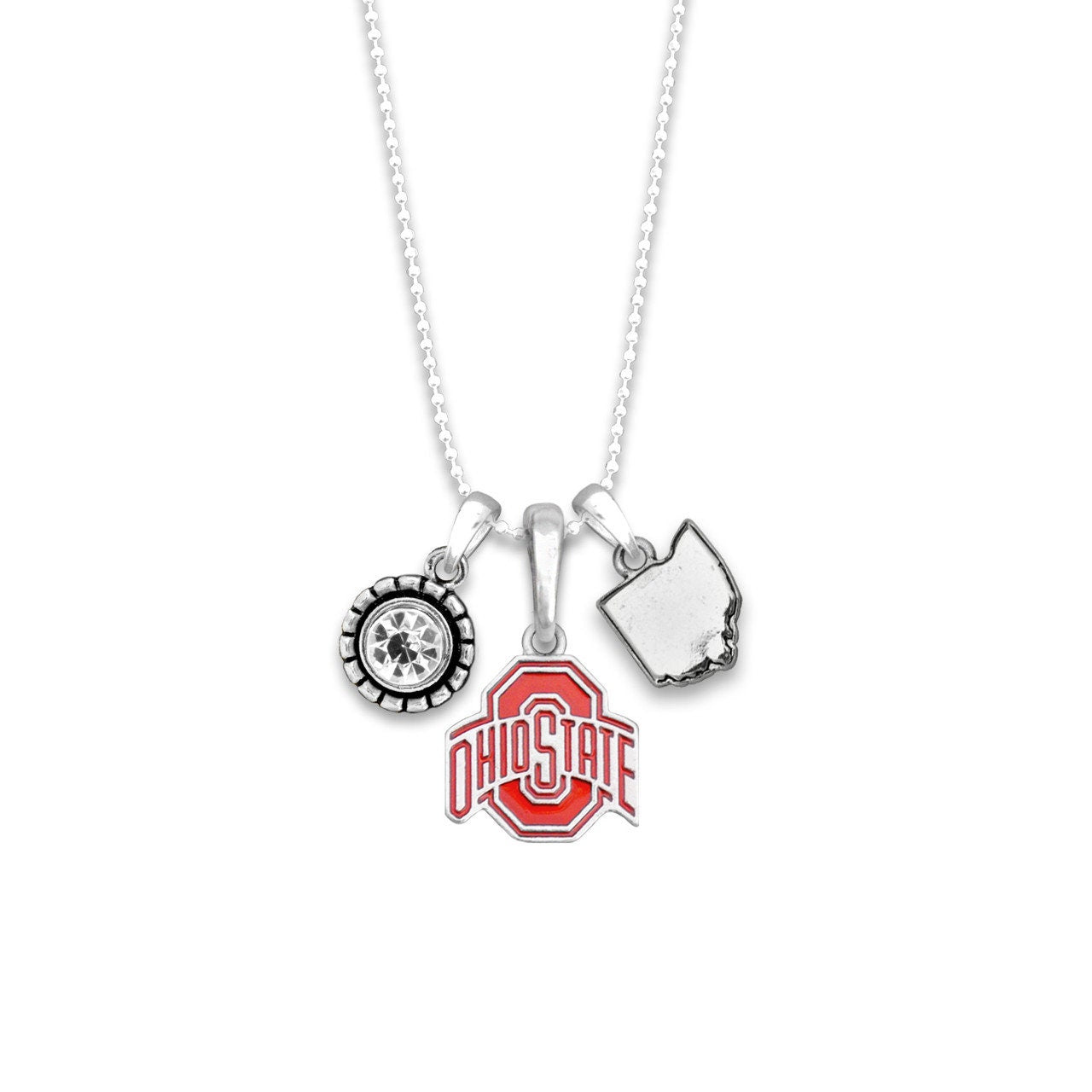 Officially Licensed OHIO STATE BUCKEYES Necklace - Triple Charm Necklace with Crystal and Ohio State Pewter Charms Sterling Plated