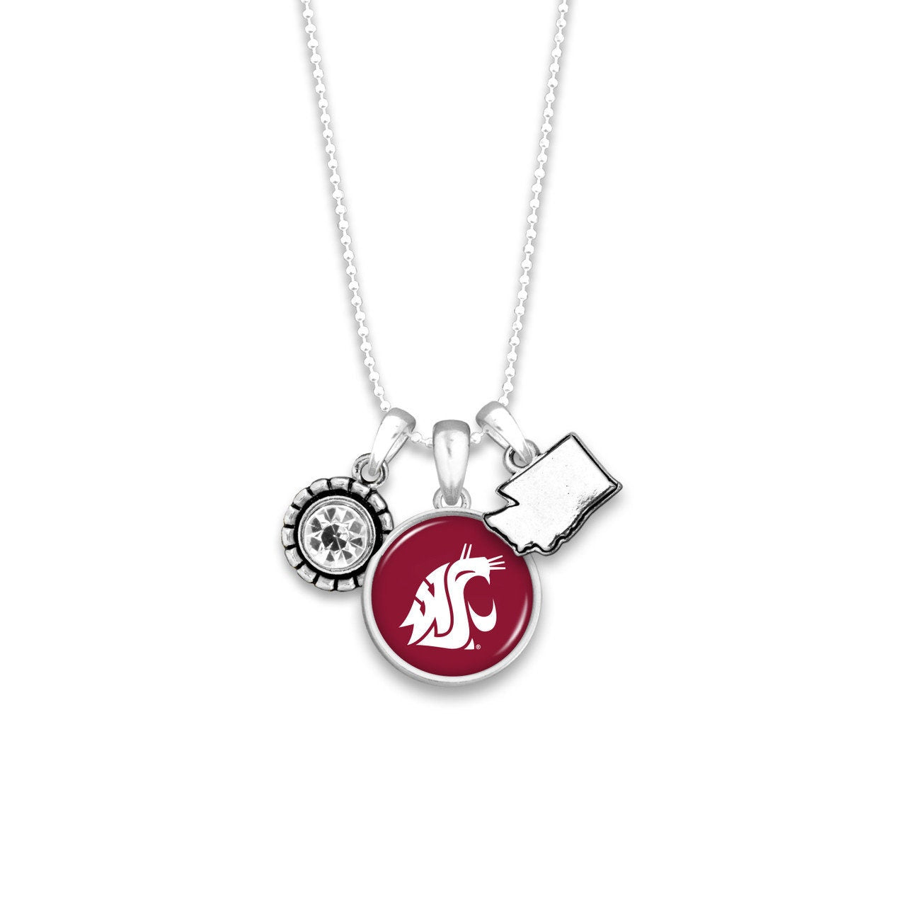 Officially Licensed WASHINGTON STATE COUGARS Necklace - Triple Charm Necklace Crystal and Washington State Pewter Charms Sterling Plated