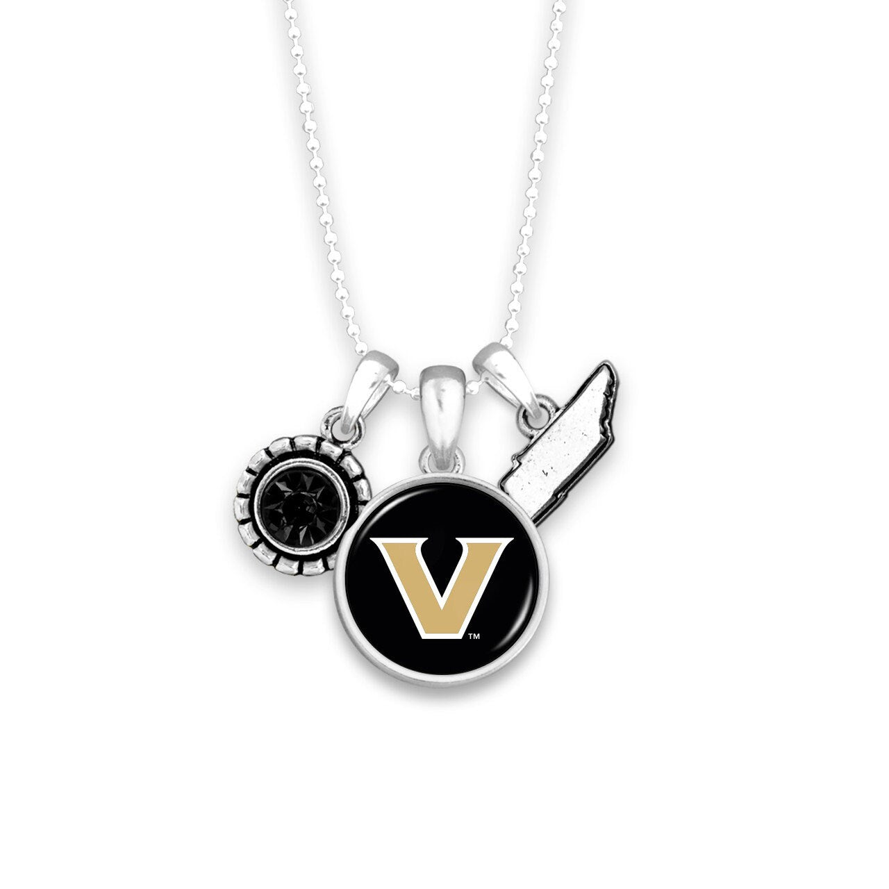 Officially Licensed VANDERBILT COMMODORES Necklace - Triple Charm Necklace with Crystal and Tennessee State Pewter Charms Sterling Plated
