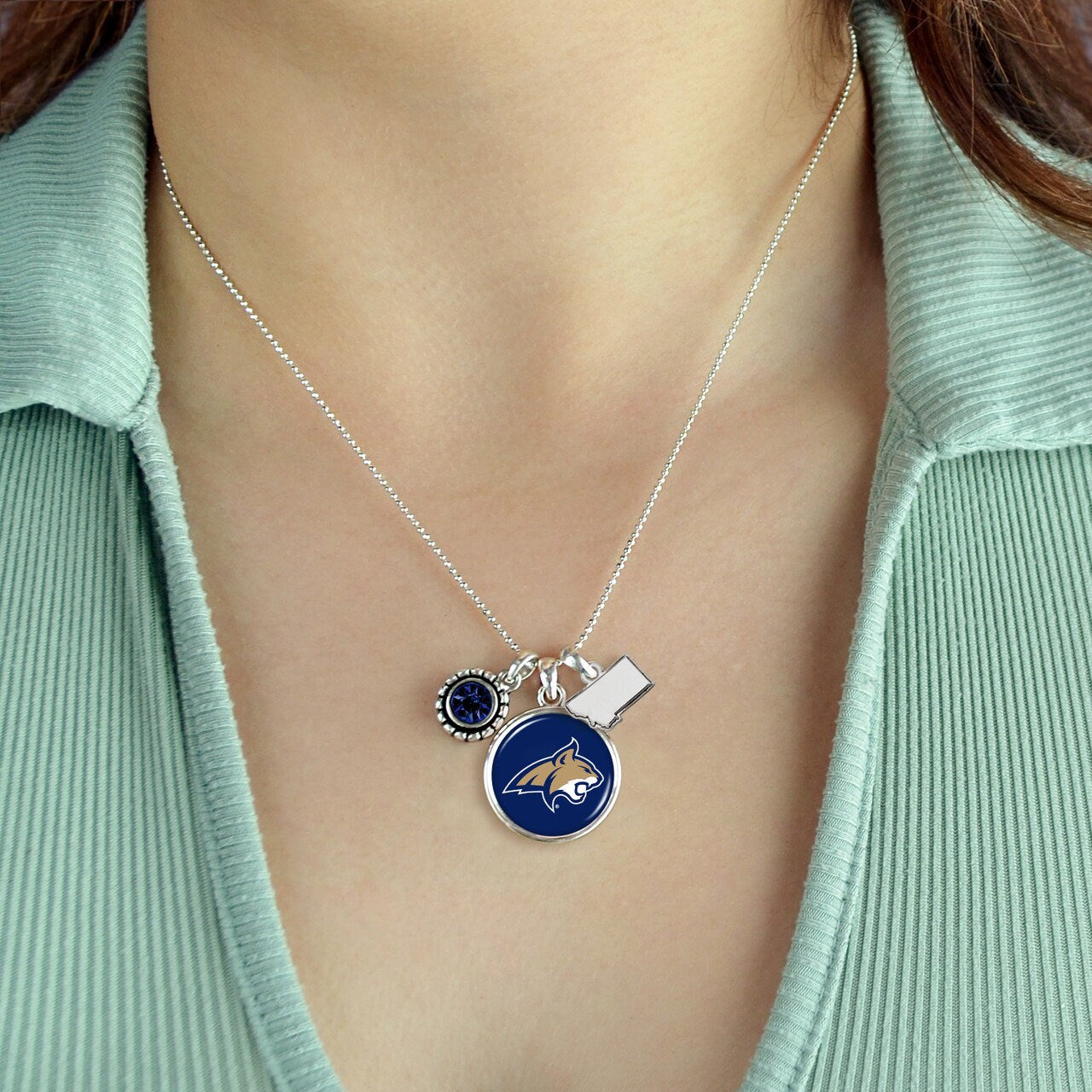 Officially Licensed MONTANA STATE BOBCATS Necklace - Triple Charm Necklace with Crystal and Montana State Pewter Charms Sterling Plated