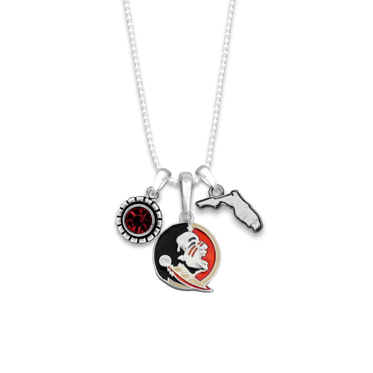 Officially Licensed FLORIDA STATE SEMINOLES Necklace - Triple Charm Necklace with Crystal and Florida State Pewter Charms Sterling Plated