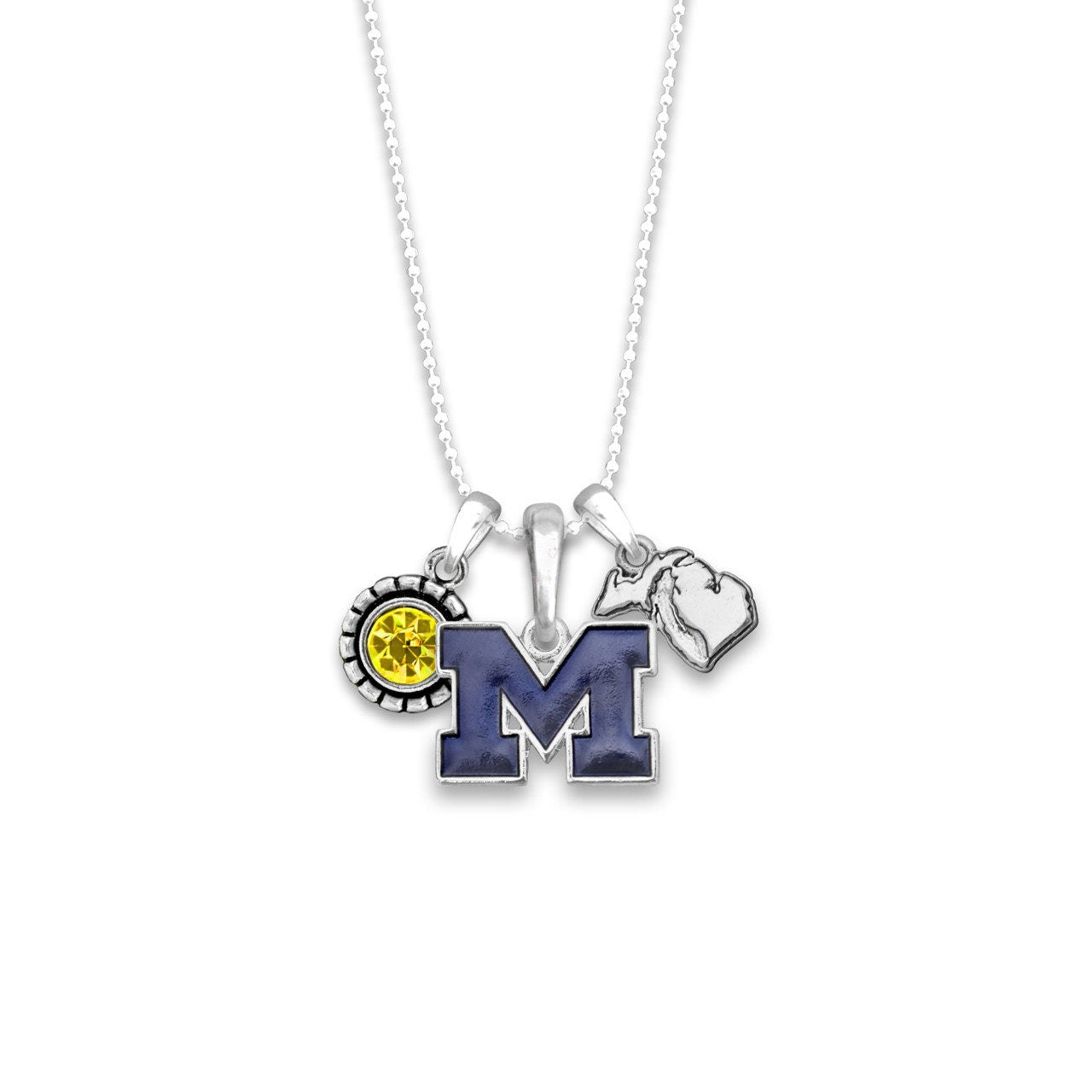 Officially Licensed MICHIGAN WOLVERINES Necklace - Triple Charm Necklace with Crystal and Michigan State Pewter Charms Sterling Plated