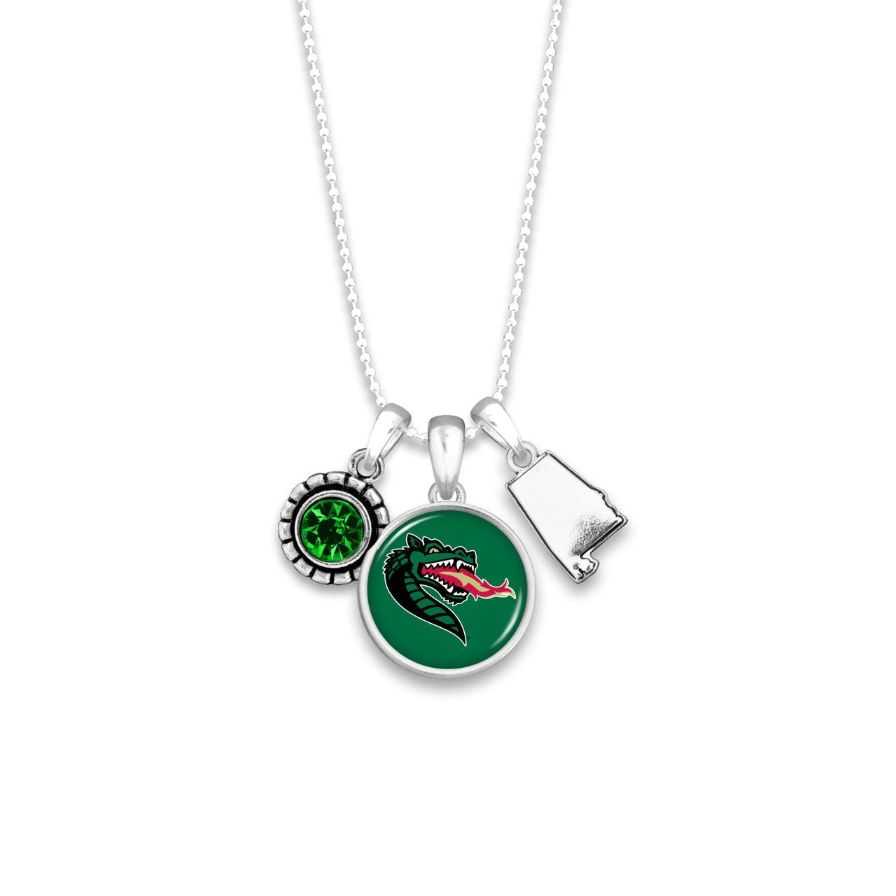 Officially Licensed ALABAMA BIRMINGHAM BLAZERS Necklace - Triple Charm Necklace with Crystal and Alabama State Pewter Charms Sterling Plated