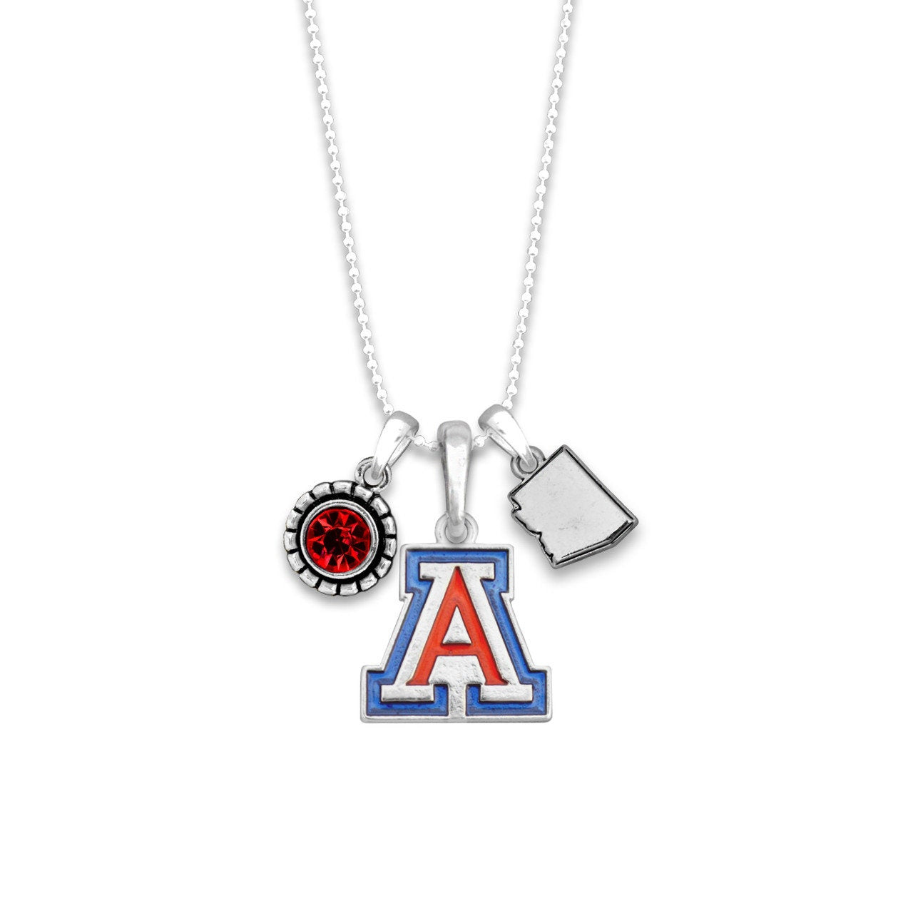 Officially Licensed ARIZONA WILDCATS Necklace - Triple Charm Necklace with Crystal and Arizona State Pewter Charms Sterling Plated
