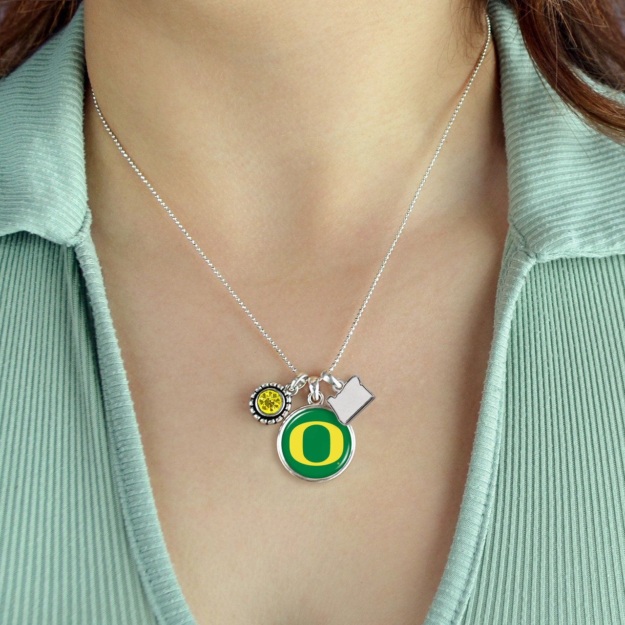 Officially Licensed OREGON DUCKS Necklace - Triple Charm Necklace with Crystal and Oregon State Pewter Charms Sterling Plated