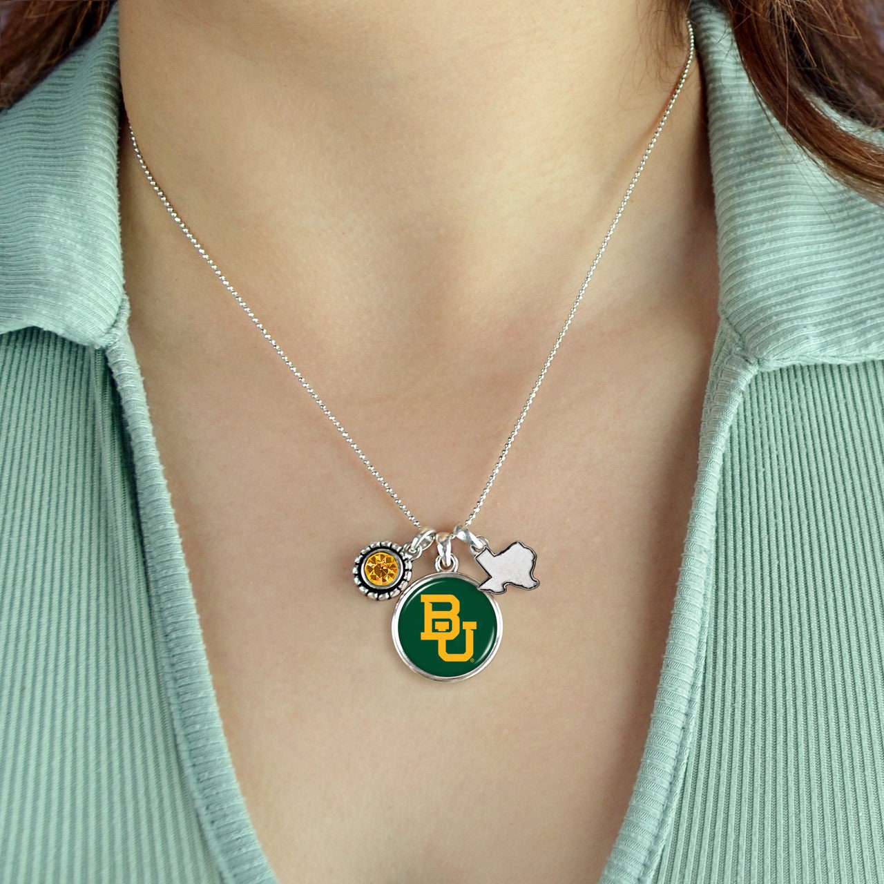 Officially Licensed BAYLOR BEARS Necklace - Triple Charm Necklace with Crystal and Texas State Pewter Charms Sterling Plated