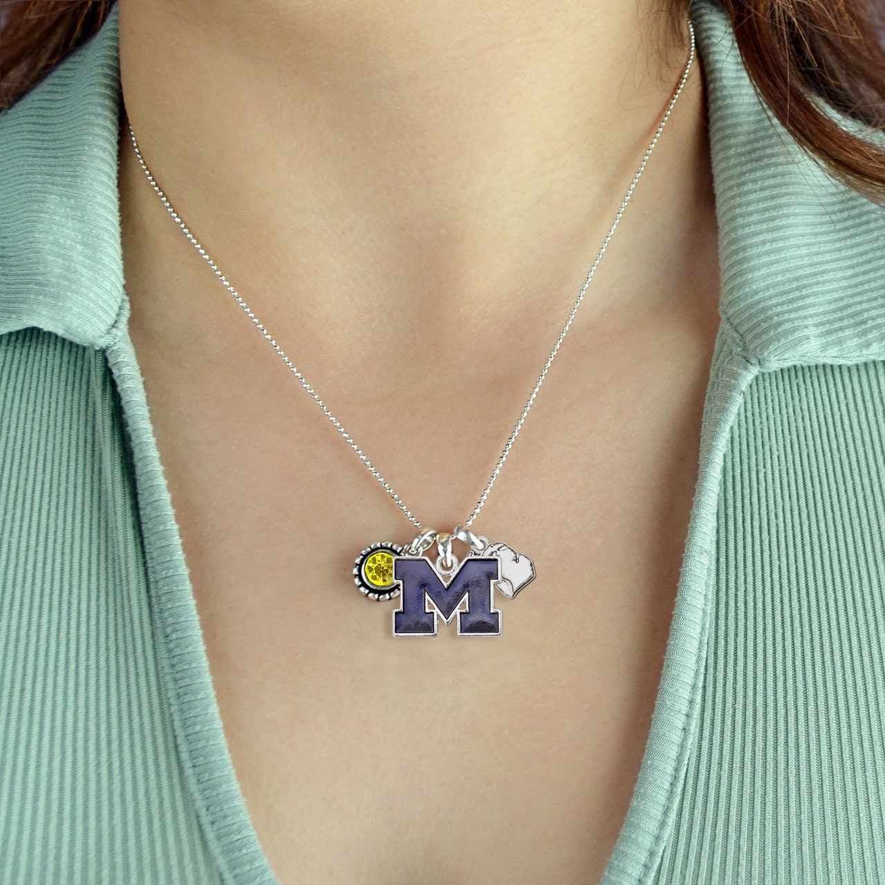 Officially Licensed MICHIGAN WOLVERINES Necklace - Triple Charm Necklace with Crystal and Michigan State Pewter Charms Sterling Plated