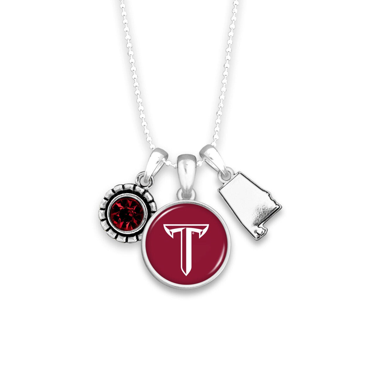 Officially Licensed TROY TROJANS Necklace - Triple Charm Necklace with Crystal Alabama State Pewter Charms Sterling Plated