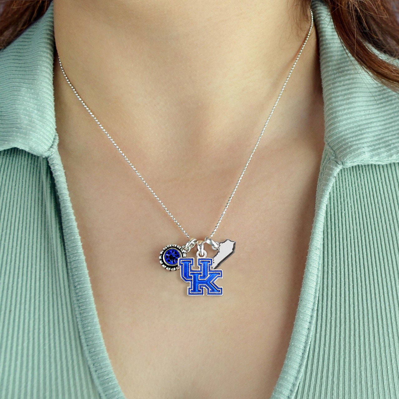 Officially Licensed KENTUCKY WILDCATS Necklace - Triple Charm Necklace with Crystal Kentucky State Pewter Charms Sterling Plated