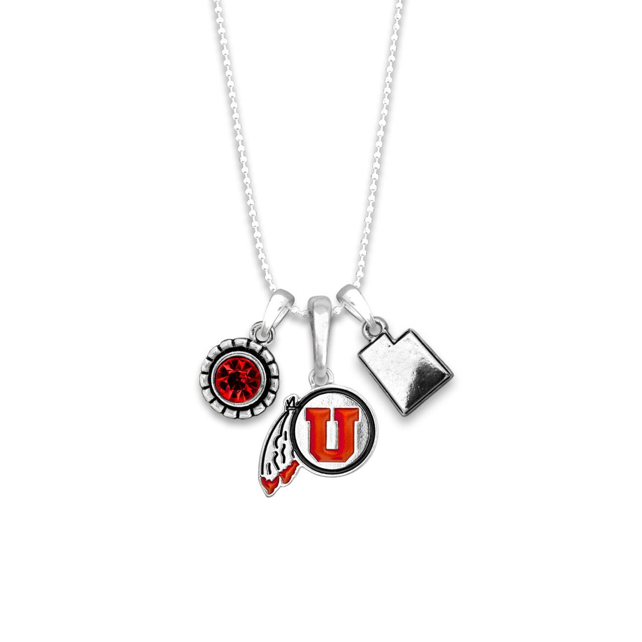 Officially Licensed UTAH UTES Necklace - Triple Charm Necklace with Crystal Utah State Pewter Charms Sterling Plated