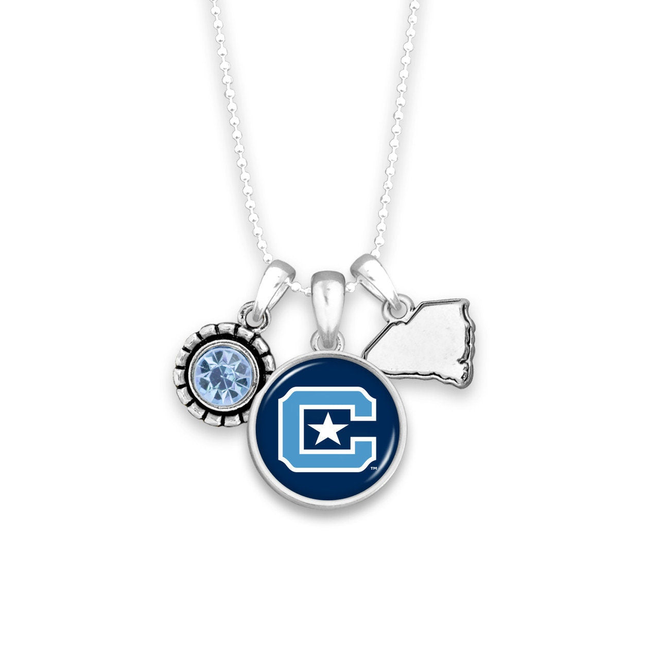 Officially Licensed THE CITADEL BULLDOGS Necklace - Triple Charm Necklace with Crystal South Carolina State Pewter Charms Sterling Plated