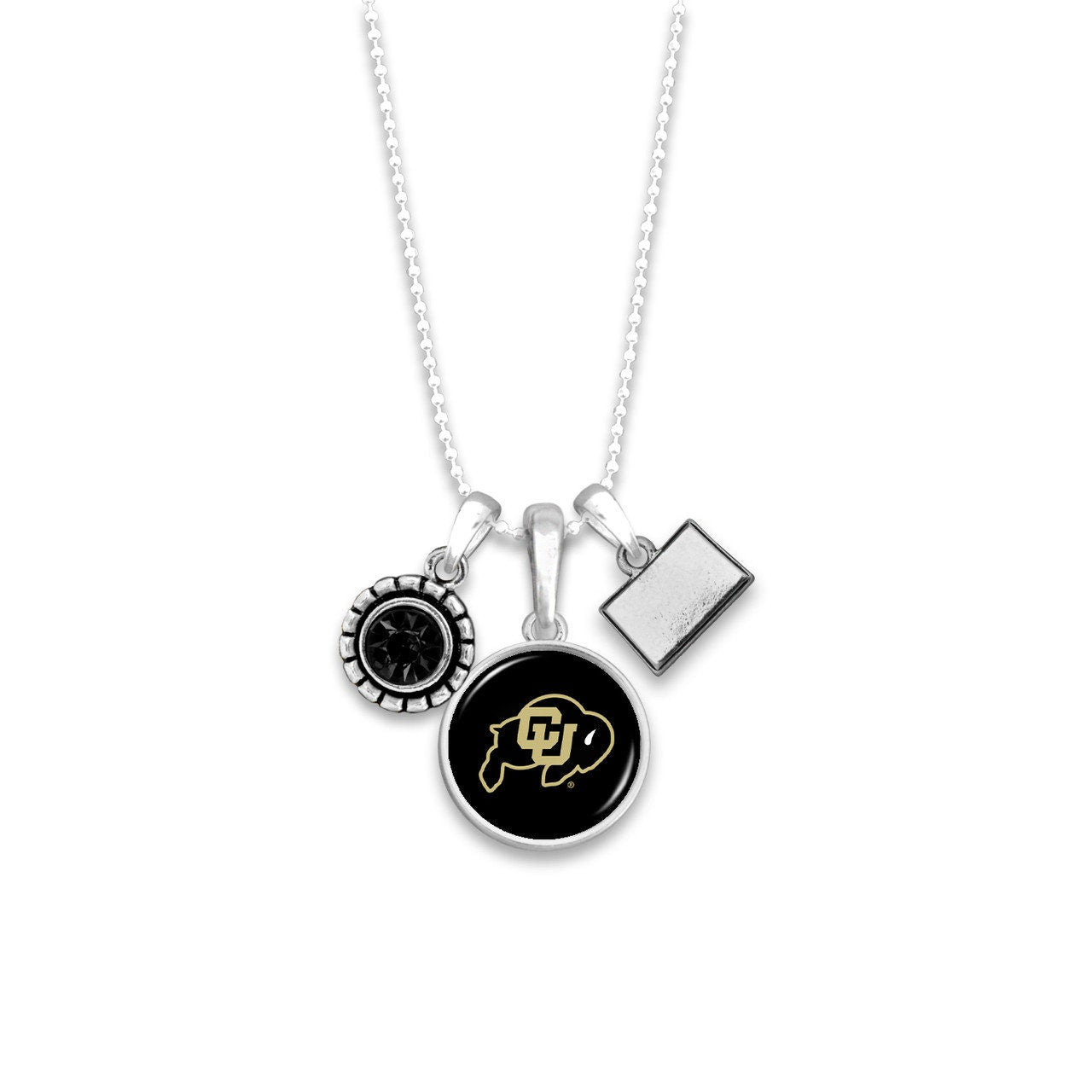 Officially Licensed COLORADO BUFFALOS Necklace - Triple Charm Necklace with Crystal Colorado State Pewter Charms Sterling Plated