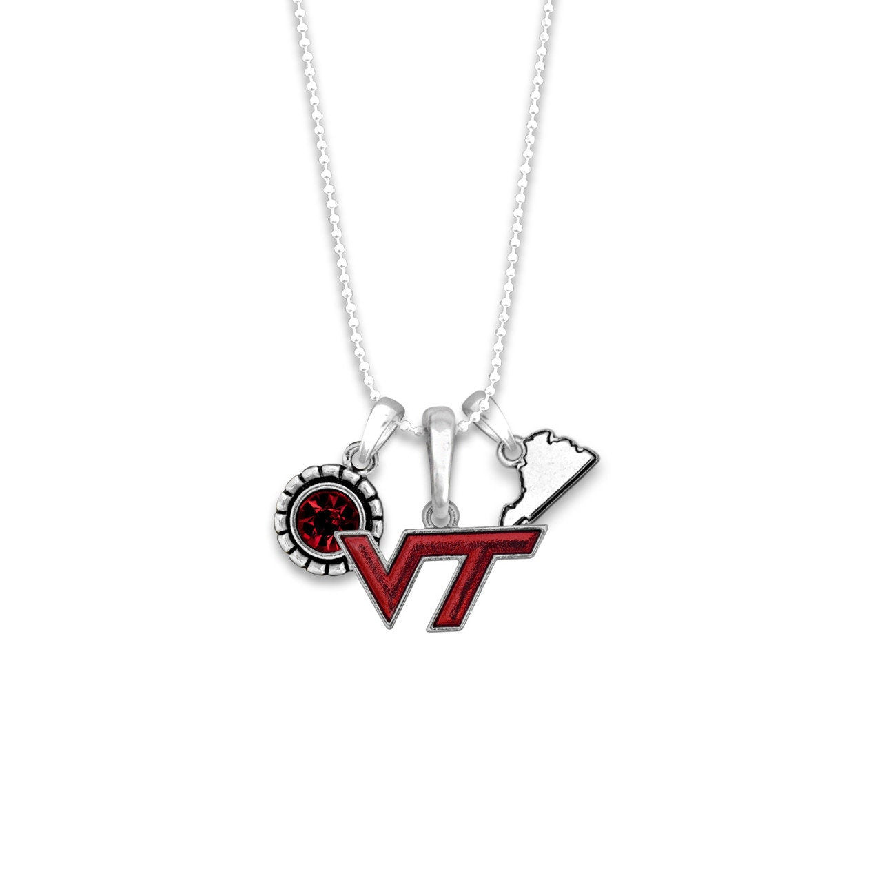 Officially Licensed VIRGINIA TECH HOKIES Necklace - Triple Charm Necklace with Crystal Virginia State Pewter Charms Sterling Plated