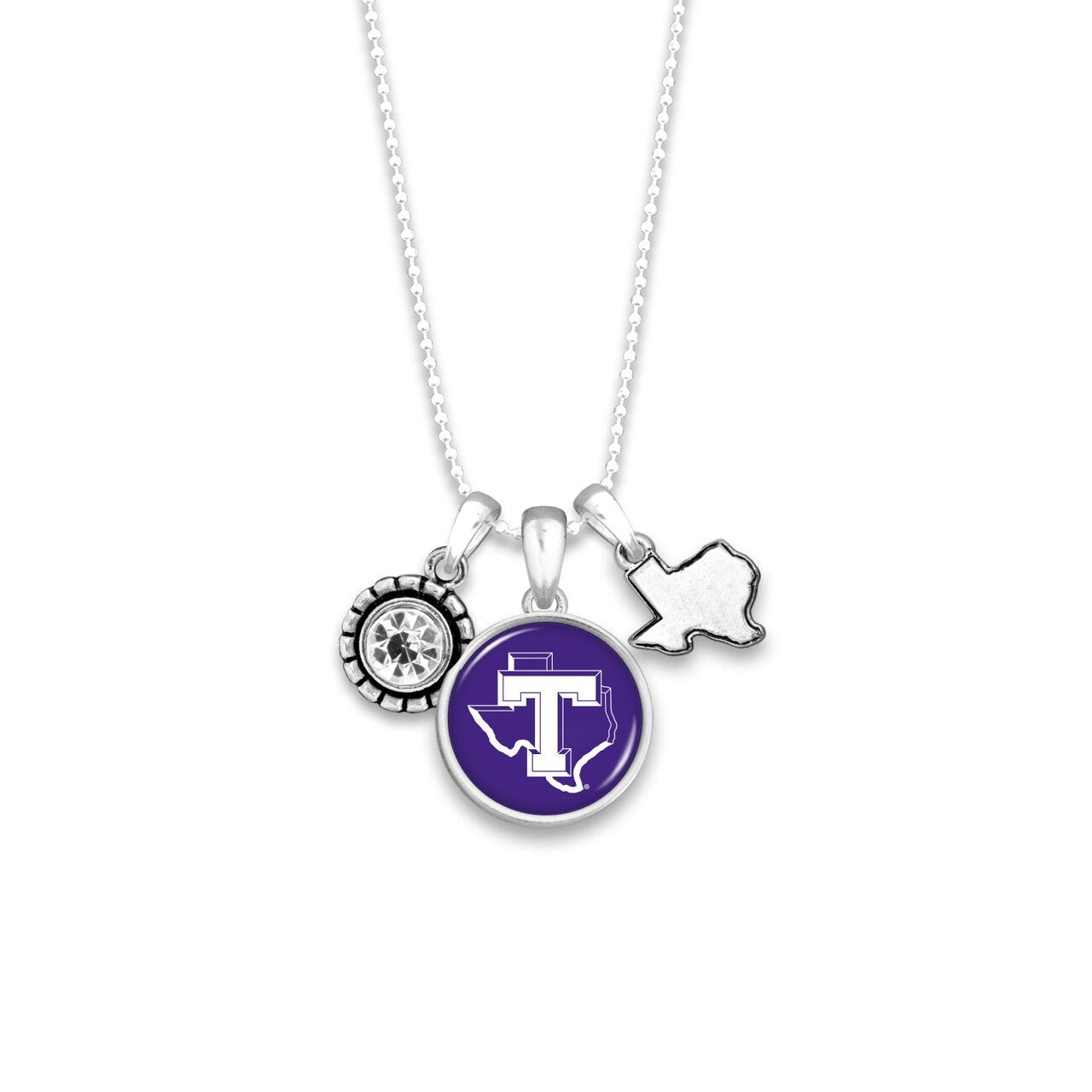 Officially Licensed TARLETON STATE TEXANS Necklace - Triple Charm Necklace with Crystal Texas State Pewter Charms Sterling Plated
