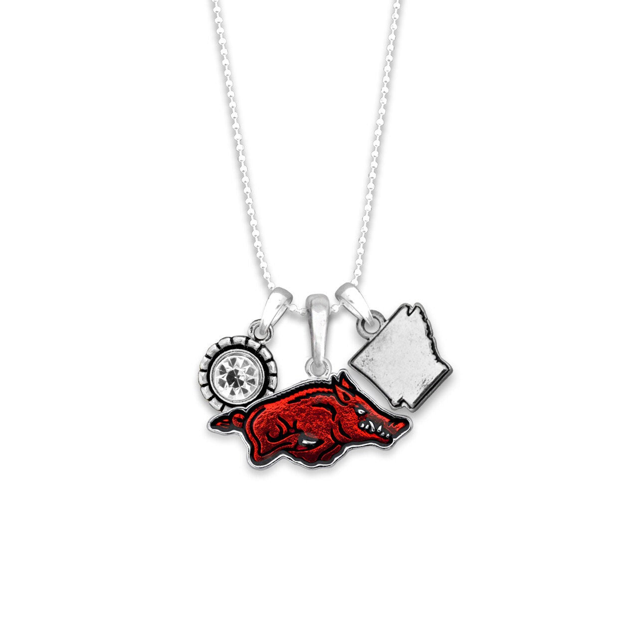 Officially Licensed ARKANSAS RAZORBACKS Necklace - Triple Charm Necklace with Crystal Arkansas State Pewter Charms Sterling Plated