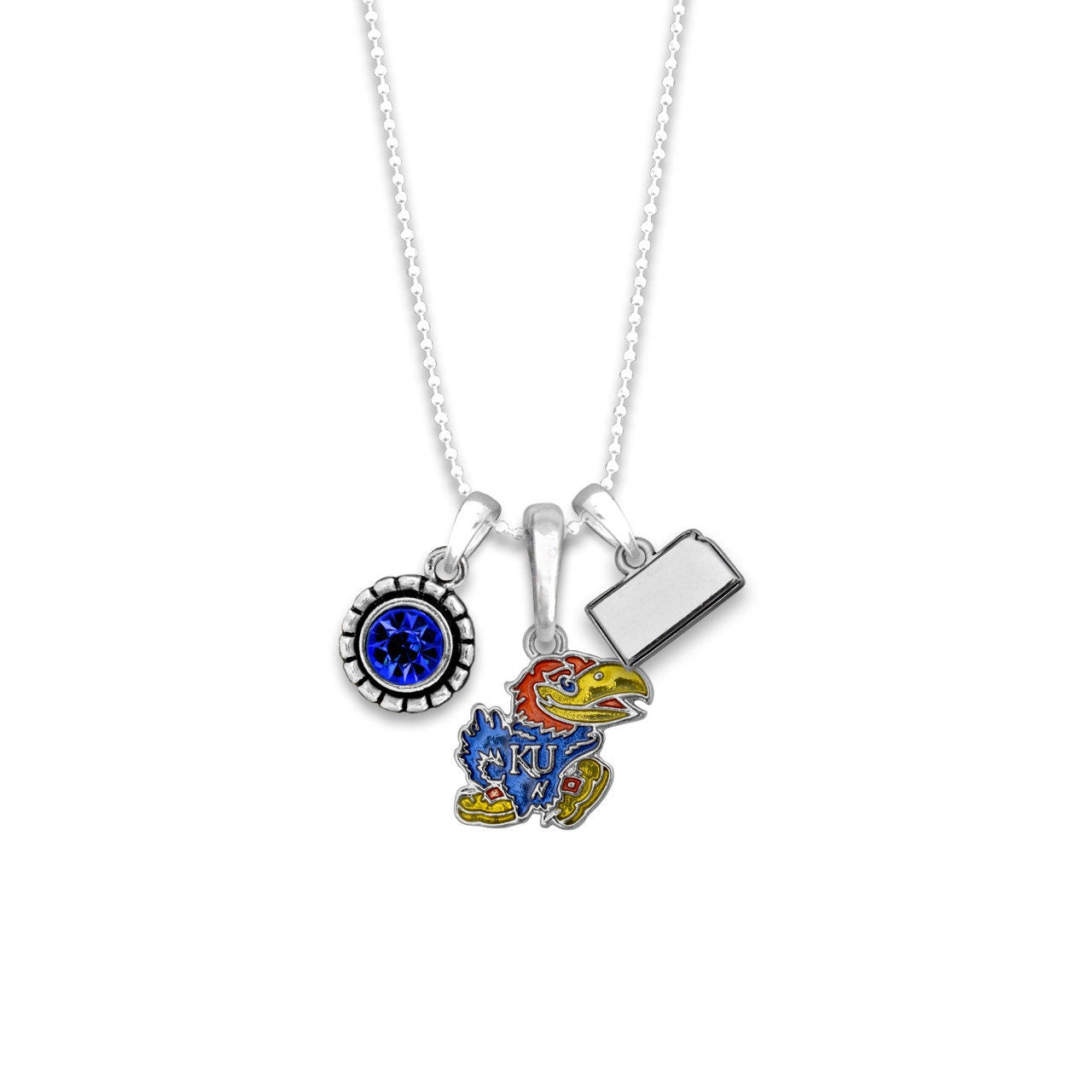 Officially Licensed KANSAS JAYHAWKS Necklace - Triple Charm Necklace with Crystal Kansas State Pewter Charms Sterling Plated
