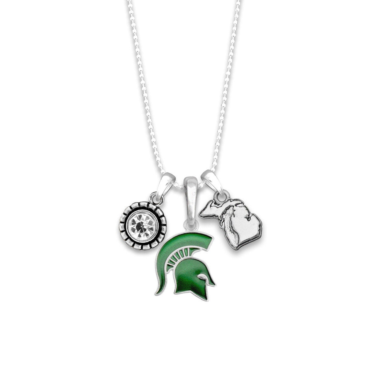 Officially Licensed MICHIGAN STATE SPARTANS Necklace - Triple Charm Necklace with Crystal Michigan State Pewter Charms Sterling Plated