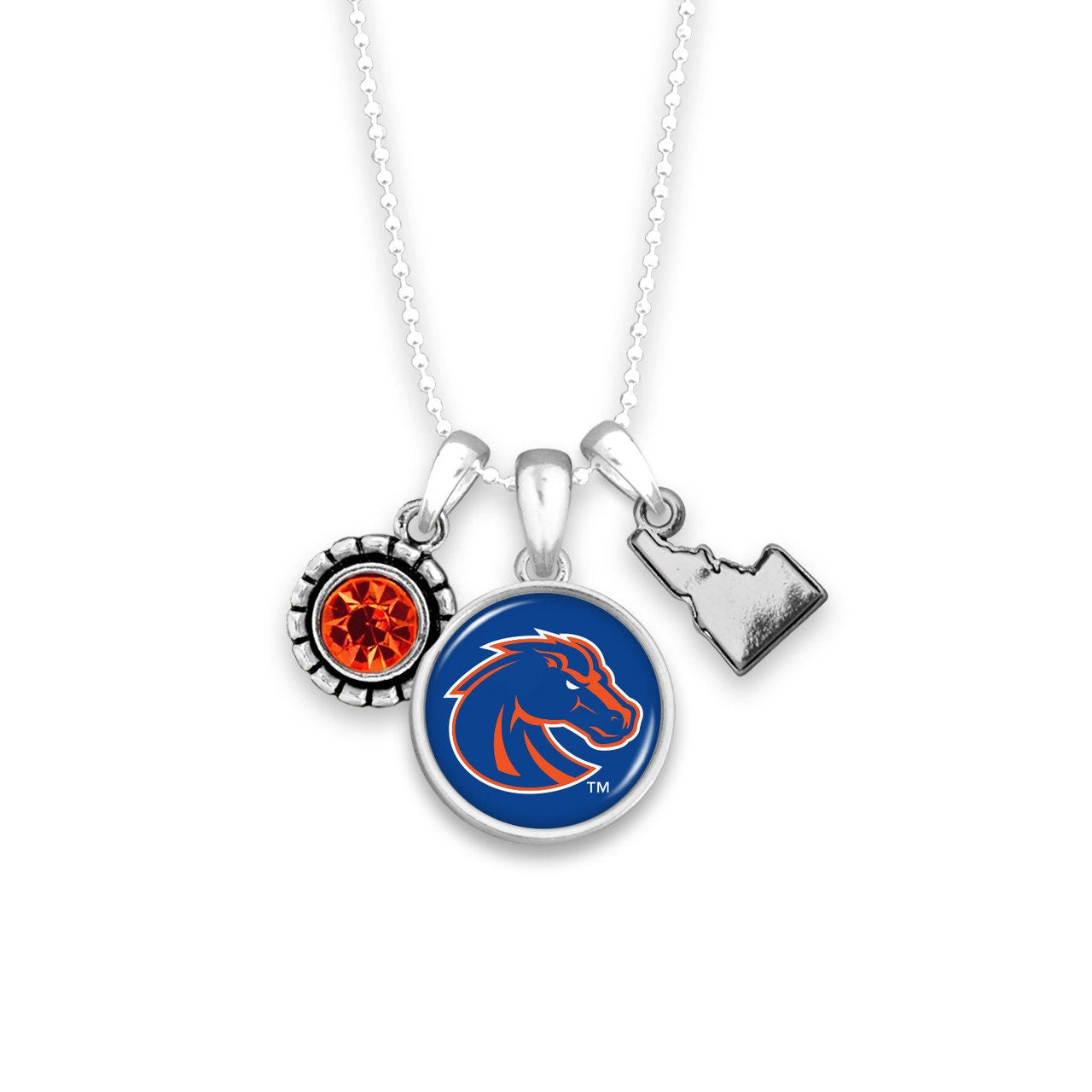 Officially Licensed BOISE STATE BRONCOS Necklace - Triple Charm Necklace with Crystal Idaho State Pewter Charms Sterling Plated