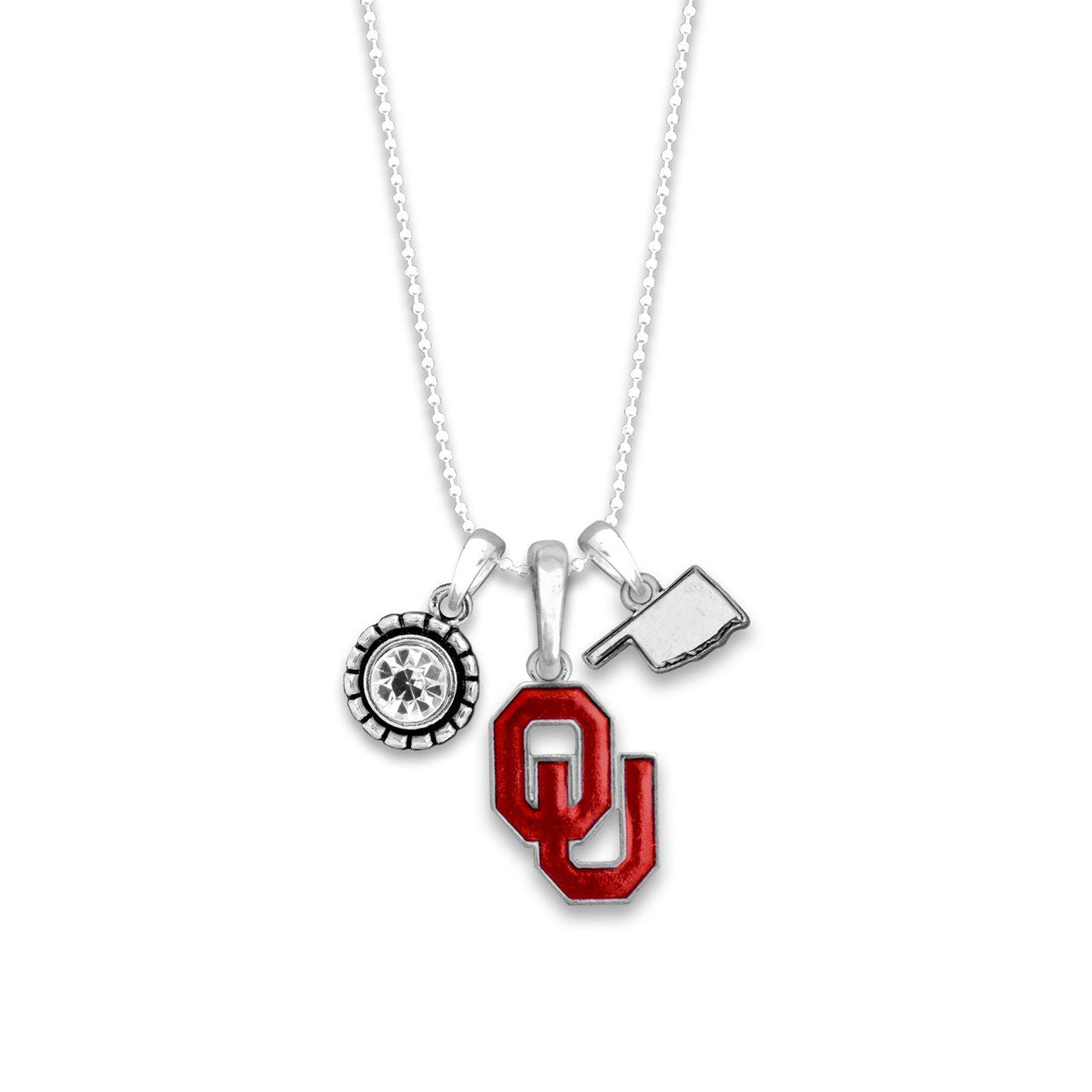 Officially Licensed OKLAHOMA SOONERS Necklace - Triple Charm Necklace with Crystal Oklahoma State Pewter Charms Sterling Plated