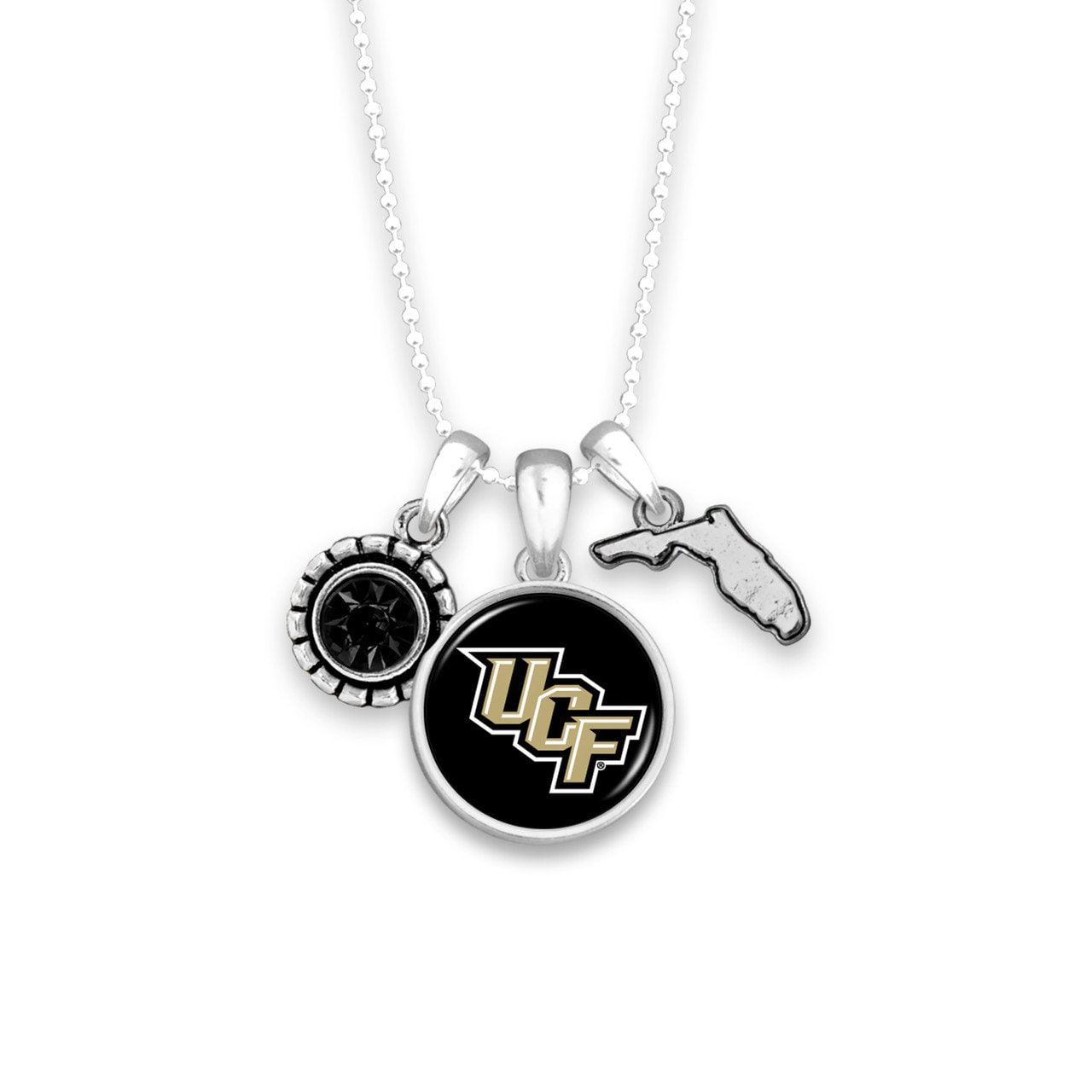 Officially Licensed CENTRAL FLORIDA KNIGHTS Necklace - Triple Charm Necklace with Crystal Florida State Pewter Charms Sterling Plated